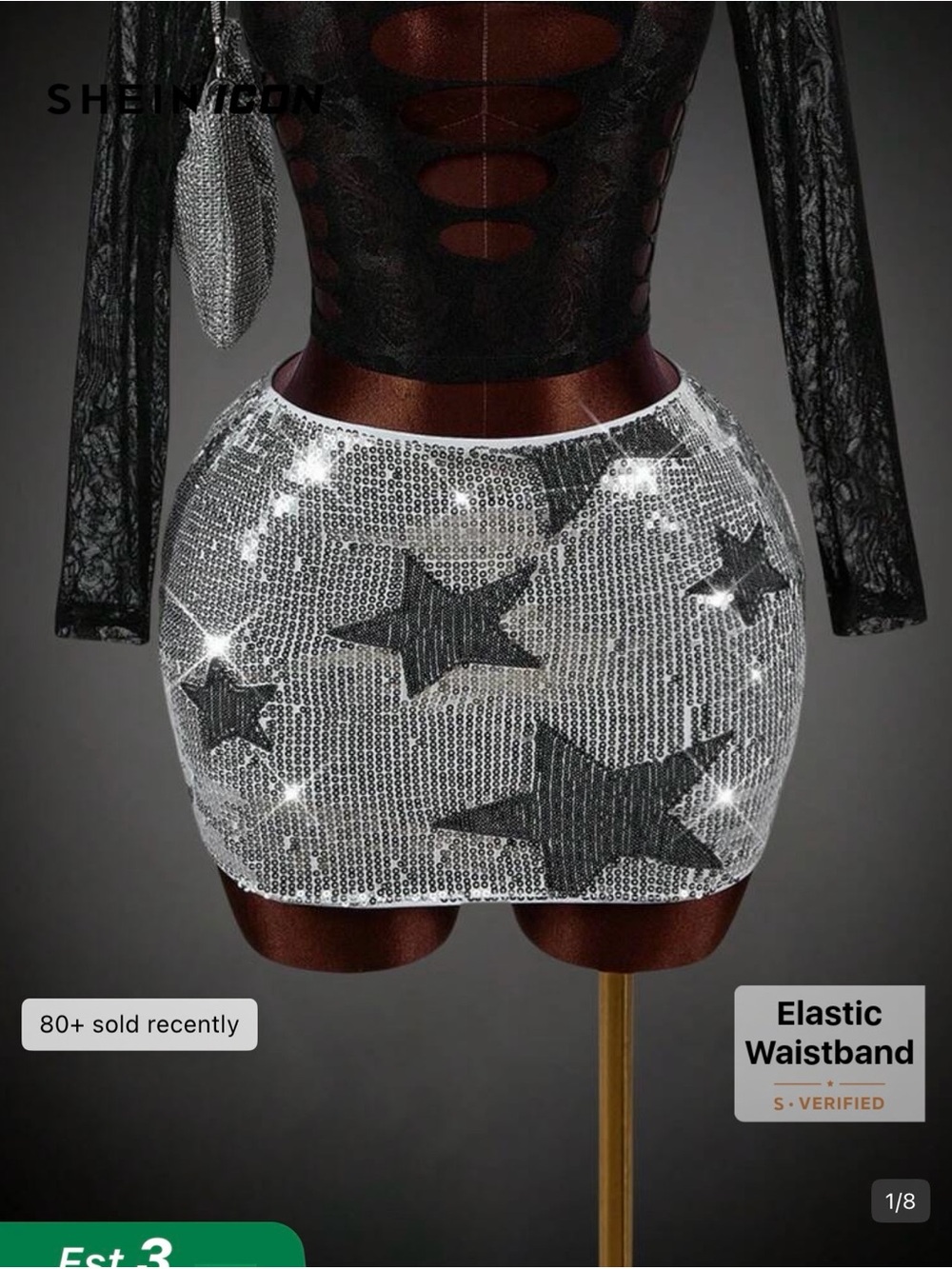 SHEIN Silver Sequin Mini Skirt with Black Star Accents